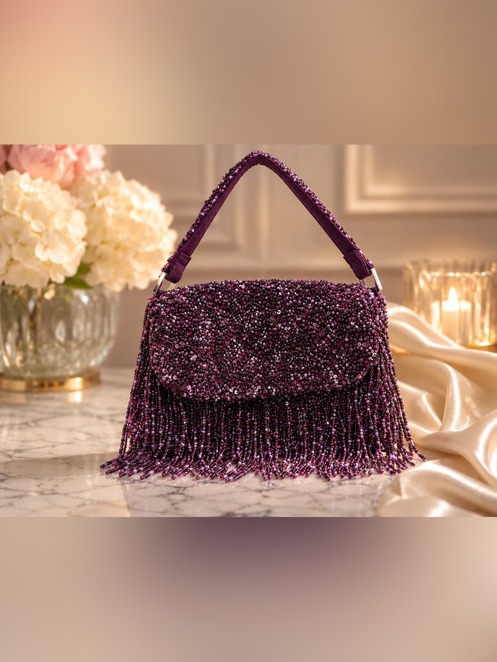 Beaded Fringe Evening Bag -plum/purple Glam party Sholder Bag